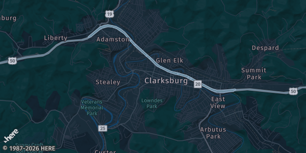 Map of Clarksburg, WV. The exact address of Village Square Conference Center is not known, so the map shows the area rather than a specific building.