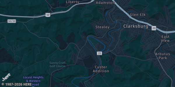 Map of Clarksburg, WV. The exact address of Clarksburg Cards & Collectibles Expo is not known, so the map shows the area rather than a specific building.