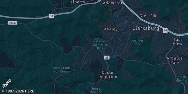Map of Clarksburg, WV. The exact address of Clarksburg Cards & Collectibles Expo is not known, so the map shows the area rather than a specific building.