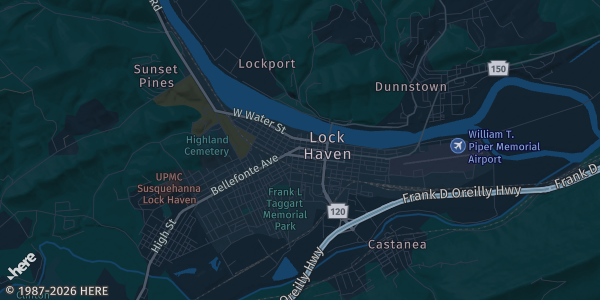 Map of Lock Haven, PA. The exact address of Piper Aviation Museum is not known, so the map shows the area rather than a specific building.