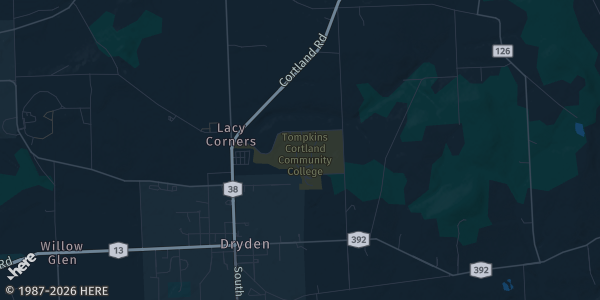 Map of Dryden, NY. The exact address of Tompkins Cortland Community College is not known, so the map shows the area rather than a specific building.
