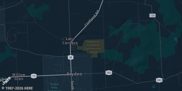 Map of Dryden, NY. The exact address of Tompkins Cortland Community College is not known, so the map shows the area rather than a specific building.