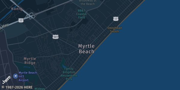 Map of Myrtle Beach, SC. The exact address of Myrtle Beach Sports Center is not known, so the map shows the area rather than a specific building.