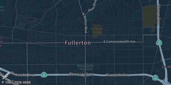 Map of Fullerton, CA. The exact address of The Charleston is not known, so the map shows the area rather than a specific building.