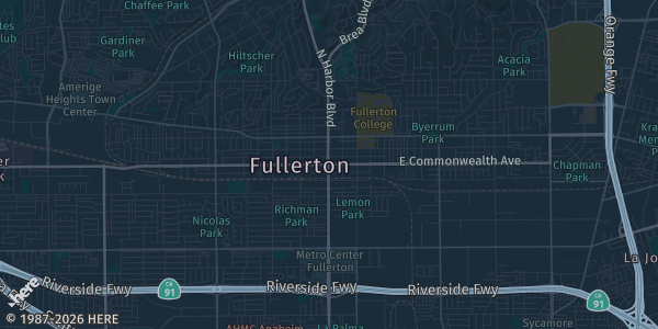 Map of Fullerton, CA. The exact address of The Charleston is not known, so the map shows the area rather than a specific building.