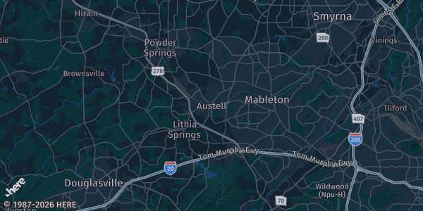 Map of Austell, GA. The exact address of The Venue at West Cobb is not known, so the map shows the area rather than a specific building.