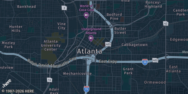 Map of Atlanta, GA. The exact address of Hilton Garden Inn is not known, so the map shows the area rather than a specific building.