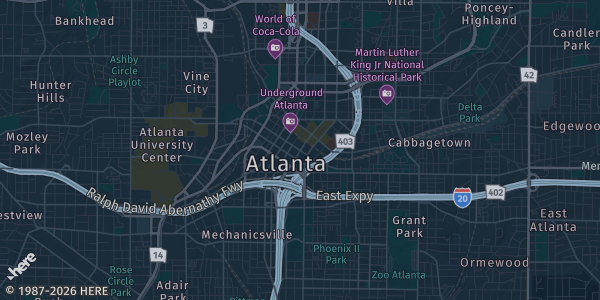 Map of Atlanta, GA. The exact address of Hilton Garden Inn is not known, so the map shows the area rather than a specific building.