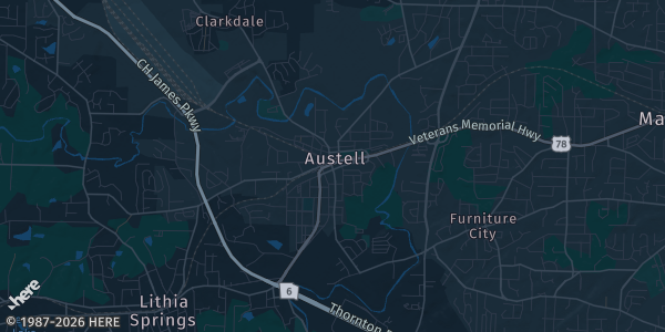 Map of Austell, GA. The exact address of West Cobb Event Center is not known, so the map shows the area rather than a specific building.