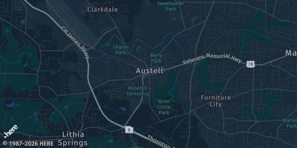 Map of Austell, GA. The exact address of West Cobb Event Center is not known, so the map shows the area rather than a specific building.