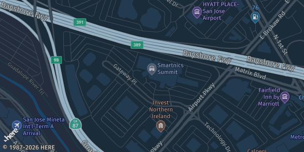Map showing DoubleTree by Hilton Hotel San Jose in San Jose, CA.