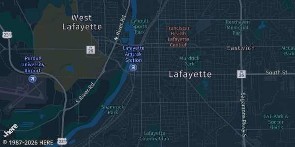 Map of Lafayette, IN. The exact address of Lafayette Eagles 347 is not known, so the map shows the area rather than a specific building.