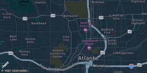 Map of Atlanta, GA. The exact address of Georgia World Congress Convention Center Hall A1 is not known, so the map shows the area rather than a specific building.