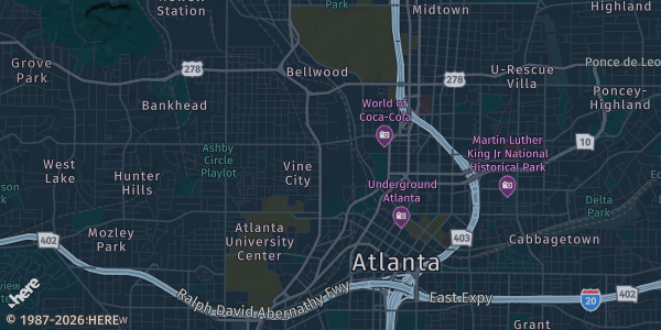 Map of Atlanta, GA. The exact address of Georgia World Congress Convention Center Hall A1 is not known, so the map shows the area rather than a specific building.