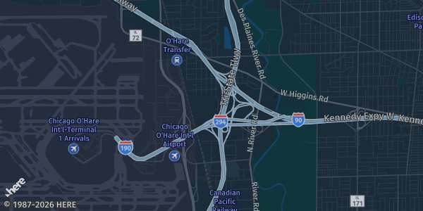 Map of Rosemont, IL. The exact address of Donald E Stephens Convention Center is not known, so the map shows the area rather than a specific building.
