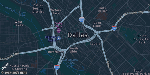 Map of Dallas, TX. The exact address of Kay Bailey Hutchison Convention Center Dallas is not known, so the map shows the area rather than a specific building.