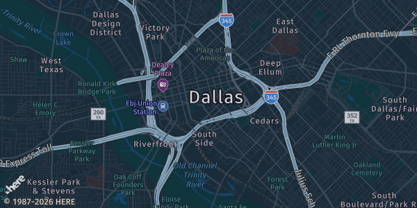 Map of Dallas, TX. The exact address of Kay Bailey Hutchison Convention Center Dallas is not known, so the map shows the area rather than a specific building.