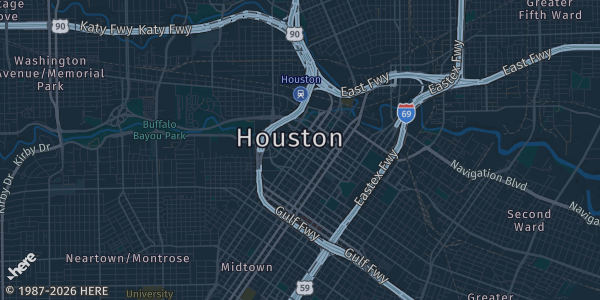 Map of Houston, TX. The exact address of George R. Brown Convention Center – Hall B is not known, so the map shows the area rather than a specific building.