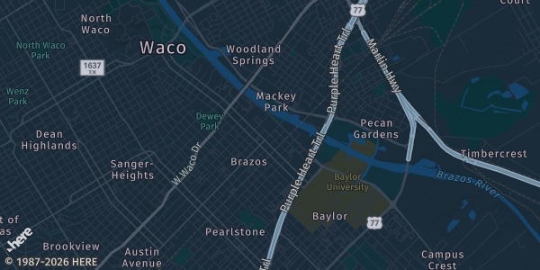 Map of Waco, TX. The exact address of Waco Convention Center is not known, so the map shows the area rather than a specific building.
