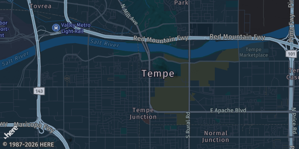 Map of Tempe, AZ. The exact address of College Avenue district (venue per organizer) is not known, so the map shows the area rather than a specific building.