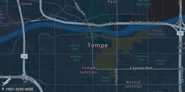 Map of Tempe, AZ. The exact address of College Avenue district (venue per organizer) is not known, so the map shows the area rather than a specific building.