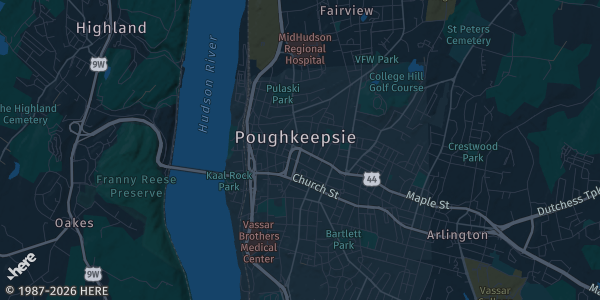 Map of Poughkeepsie, NY. The exact address of Poughkeepsie Galleria Mall is not known, so the map shows the area rather than a specific building.