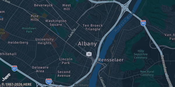 Map of Aalbany, NY. The exact address of 1 Crossgates Mall Rd. is not known, so the map shows the area rather than a specific building.