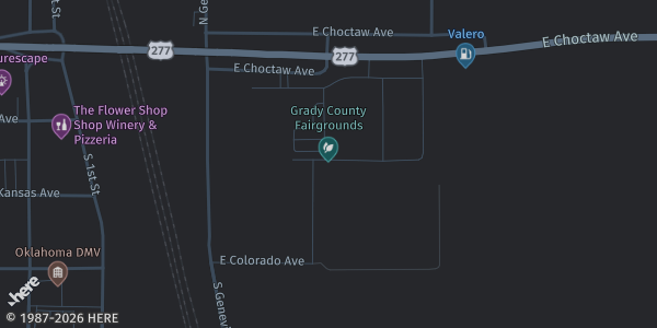 Map showing Grady County Fairgrounds & Event Center in Chickasha, OK.