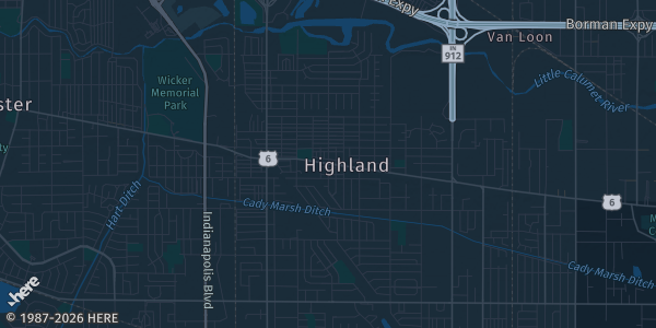 Map of Highland, IN. The exact address of Highland Lincoln Community Center is not known, so the map shows the area rather than a specific building.