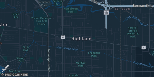 Map of Highland, IN. The exact address of Highland Lincoln Community Center is not known, so the map shows the area rather than a specific building.