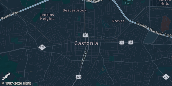 Map of Gastonia, NC. The exact address of Gastonian Halls is not known, so the map shows the area rather than a specific building.