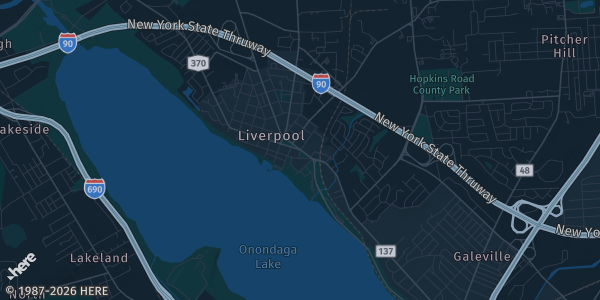 Map of Liverpool, NY. The exact address of Randolph House Hotel is not known, so the map shows the area rather than a specific building.