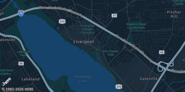 Map of Liverpool, NY. The exact address of Randolph House Hotel is not known, so the map shows the area rather than a specific building.