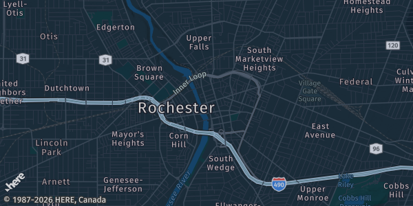 Map of Rochester, NY. The exact address of Louis S. Wolk JCC of Greater Rochester is not known, so the map shows the area rather than a specific building.