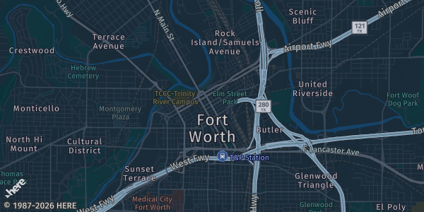 Map of Fort Worth, TX. The exact address of Amon Carter Jr. Downtown YMCA is not known, so the map shows the area rather than a specific building.