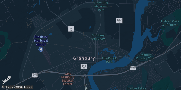 Map of Grandbury, TX. The exact address of Hood County YMCA is not known, so the map shows the area rather than a specific building.