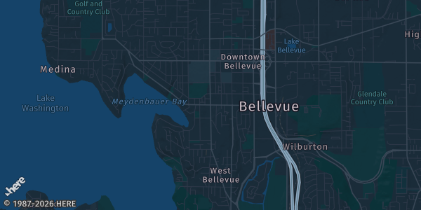 Map of Bellevue, WA. The exact address of Meydenbauer Center is not known, so the map shows the area rather than a specific building.
