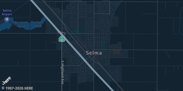Map of Selma, CA. The exact address of Selma Portuguese Hall is not known, so the map shows the area rather than a specific building.