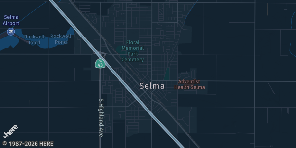 Map of Selma, CA. The exact address of Selma Portuguese Hall is not known, so the map shows the area rather than a specific building.