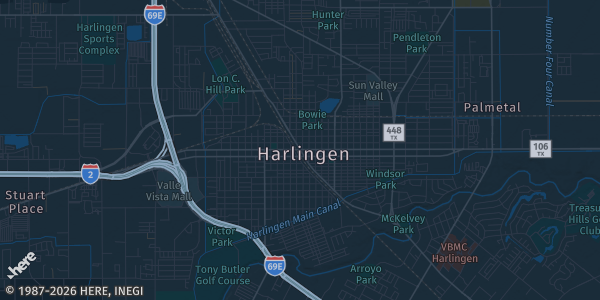 Map of Harlingen, TX. The exact address of Harlingen Convention Center is not known, so the map shows the area rather than a specific building.
