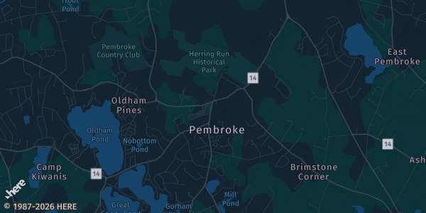Map of Pembroke, MA. The exact address of The Wolves Den is not known, so the map shows the area rather than a specific building.