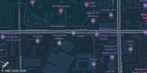 Map showing Anaheim Convention Center in Anaheim, CA.