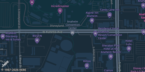 Map showing Anaheim Convention Center in Anaheim, CA.