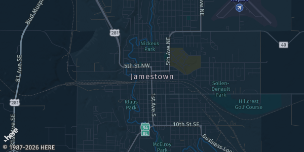 Map of Jamestown, ND. The exact address of Jamestown Civic-Center is not known, so the map shows the area rather than a specific building.