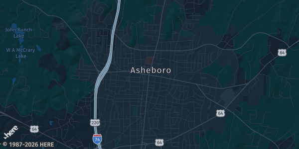 Map of Asheboro, NC. The exact address of Randolph County Agriculture Center is not known, so the map shows the area rather than a specific building.