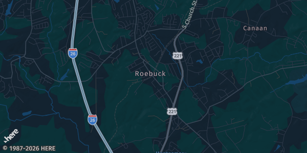 Map of Roebuck, SC. The exact address of Spartanburg Veterans of Foreign Wars Post 9539 is not known, so the map shows the area rather than a specific building.