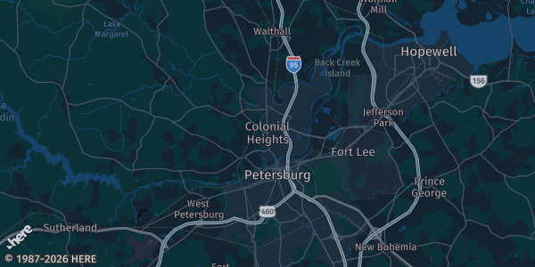 Map of Colonial Heights, VA. The exact address of Colonial Heights Moose Lodge is not known, so the map shows the area rather than a specific building.