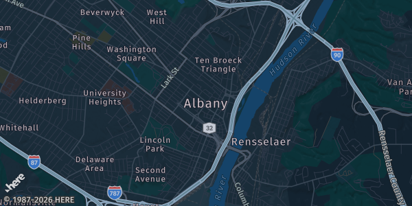 Map of Albany, NY. The exact address of Colonie Center is not known, so the map shows the area rather than a specific building.