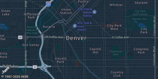 Map of Denver, CO. The exact address of Marriott Denver Tech Center is not known, so the map shows the area rather than a specific building.
