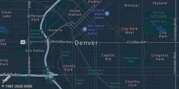 Map of Denver, CO. The exact address of Denver Marriott Tech Center is not known, so the map shows the area rather than a specific building.